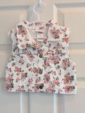 Little Lass White Floral Sleeveless Denim Vest with Pink Roses 4T